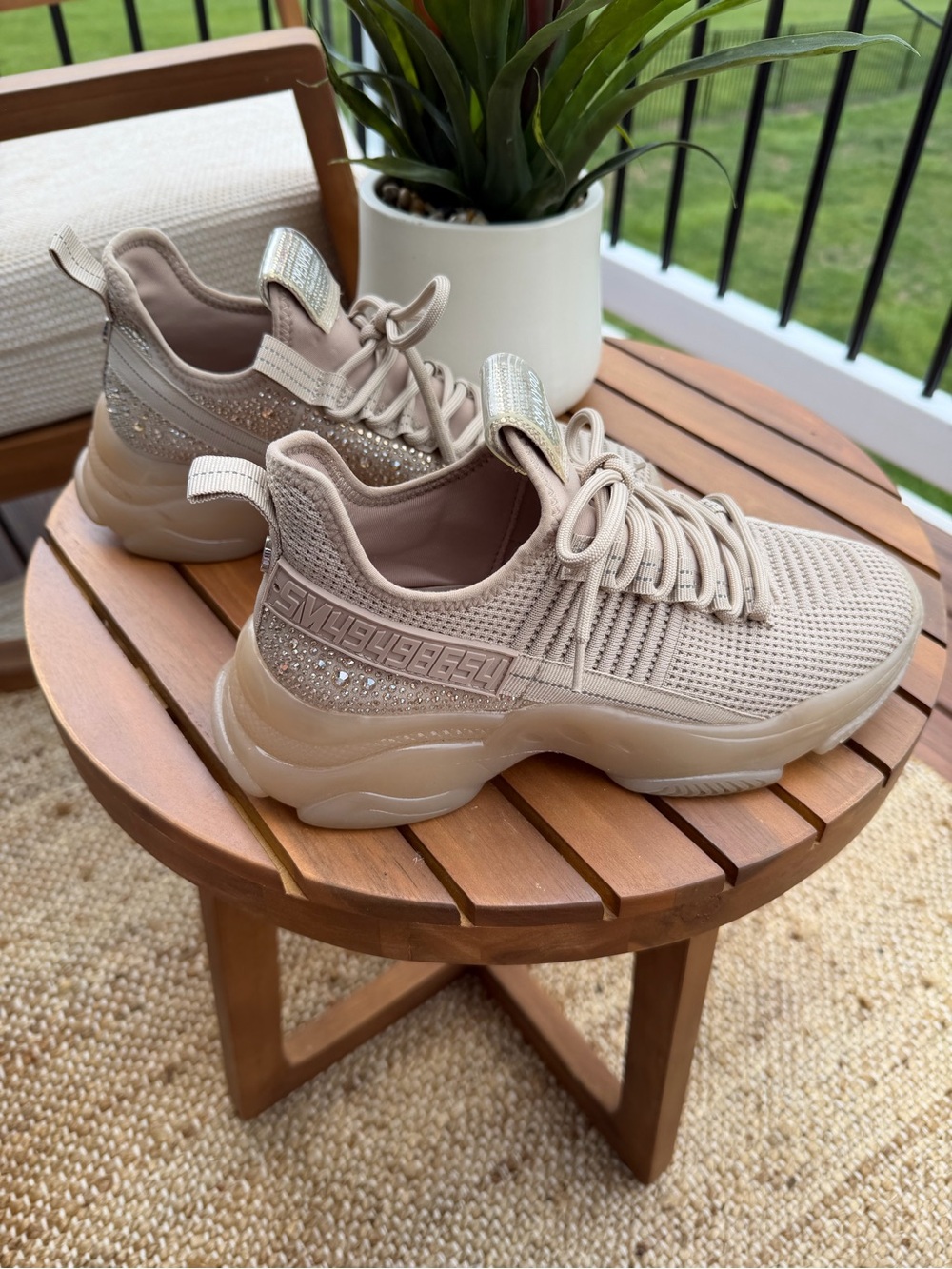 Steve Madden Maxima: Taupe Knit Athletic Sneakers with Sparkle Rhinestone Trim